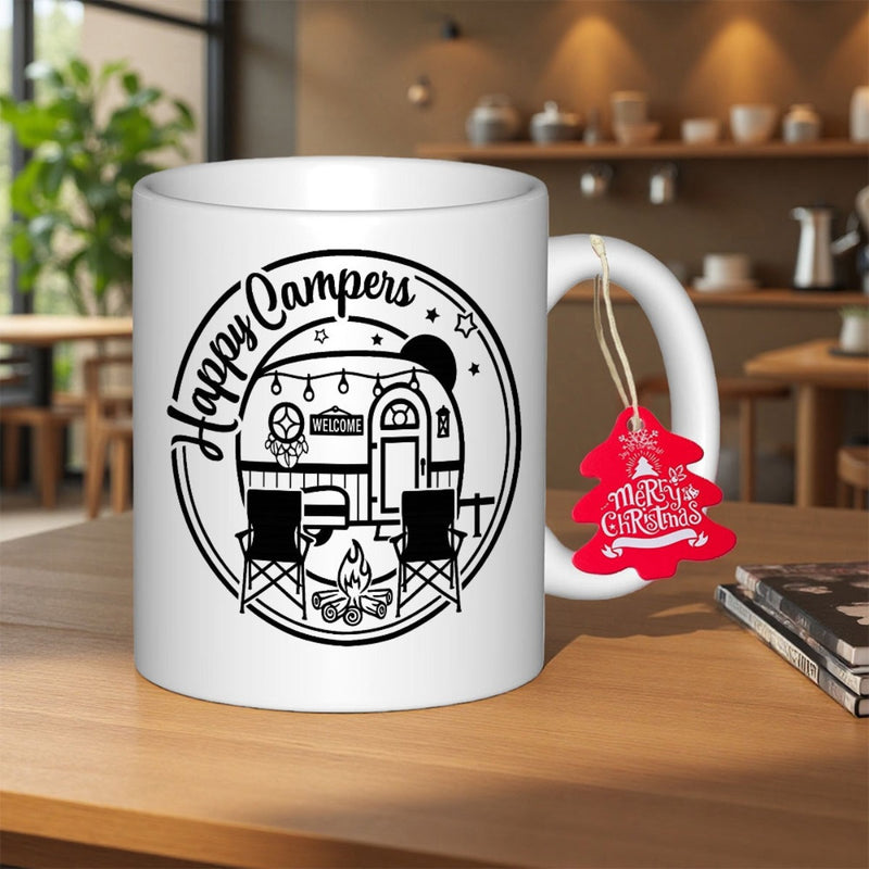Tailorly White Ceramic 11 oz Mug - Happy Campers Vintage Retro Style Trailer With Campfire And Outdoor Chairs Camper