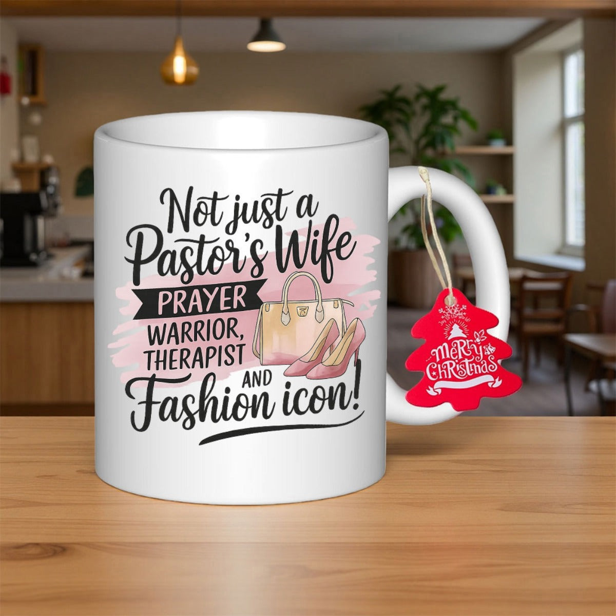 Tailorly White Ceramic 11 oz Mug - Not Just A Pastors Wife Prayer Warrior Therapist And Fashion Icon Elegant Handbag And High Heels Nestled Among Soft Pink