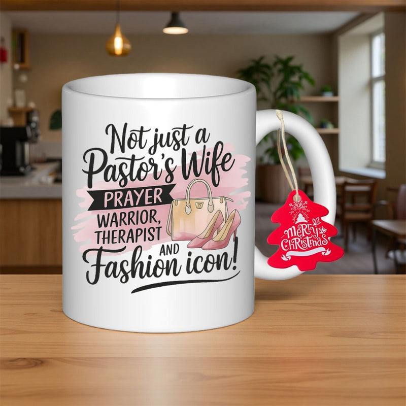 Tailorly White Ceramic 11 oz Mug - Not Just A Pastors Wife Prayer Warrior Therapist And Fashion Icon Elegant Handbag And High Heels Nestled Among Soft Pink