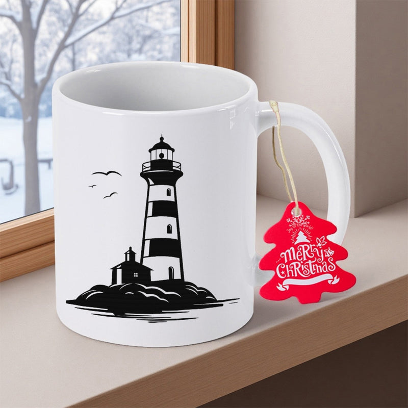 Tailorly White Ceramic 11 oz Mug - Minimalist Black Nautical Silhouette Standing On Rocky Island With Soaring Birds Lighthouse