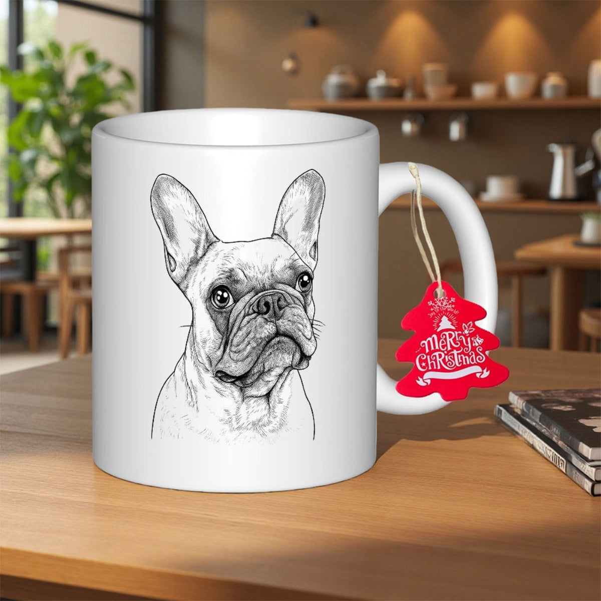 Tailorly White Ceramic 11 oz Mug - Merry Christmas Hand Drawn Artistic Sketch Of A French Bulldog Head Dog