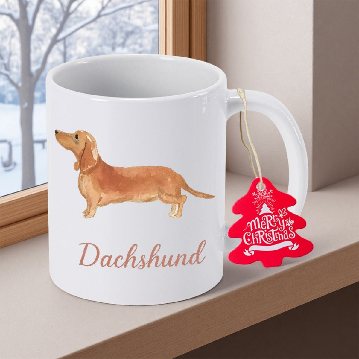 Tailorly White Ceramic 11 oz Mug - Dachshund Elegant Brown Watercolor Long Bodied Dog Standing In Profile View Dachshund