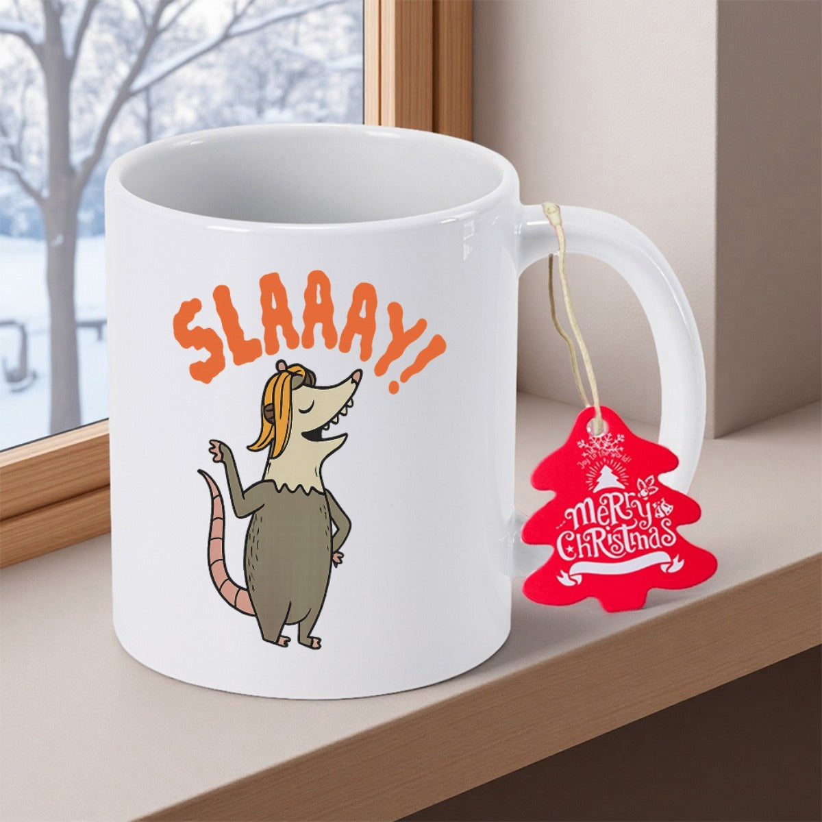 Tailorly White Ceramic 11 oz Mug - Slaaay Funny Cartoon Animal Wearing Stylish Blonde Hair Wig Under Soft Window Sunlight Opossum