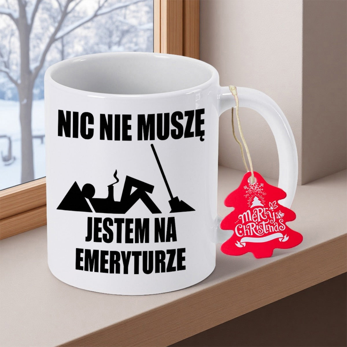 Tailorly White Ceramic 11 oz Mug - Merry Christmas Relaxing Minimalist Silhouette Resting Peacefully Beside A Broom Person