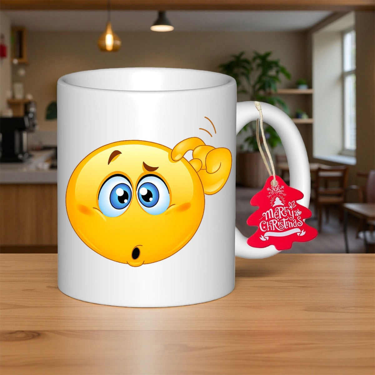 Tailorly White Ceramic 11 oz Mug - Merry Christmas Thinking Confused Yellow Face With Blue Eyes Scratching Head Hand Mug