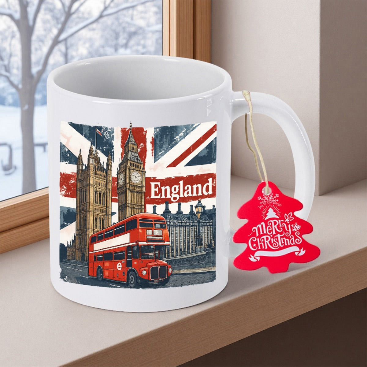 Tailorly White Ceramic 11 oz Mug - England Vintage Red Double Decker Passing Big Ben Under Union Jack Flag Bus