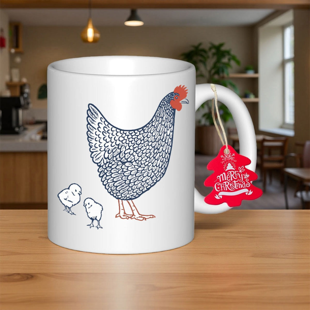 Tailorly White Ceramic 11 oz Mug - Merry Christmas Hand Drawn Farmhouse Style Hen And Baby Chicks Farm Chicken
