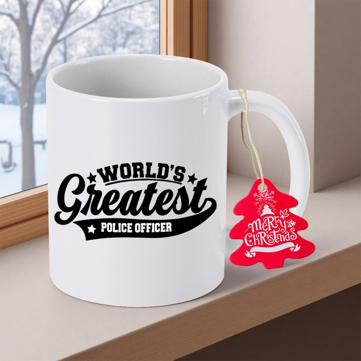 Tailorly White Ceramic 11 oz Mug - Worlds Greatest Police Officer Merry Christmas Classic Black Font Pattern Featuring Small Stars And A Banner Mug