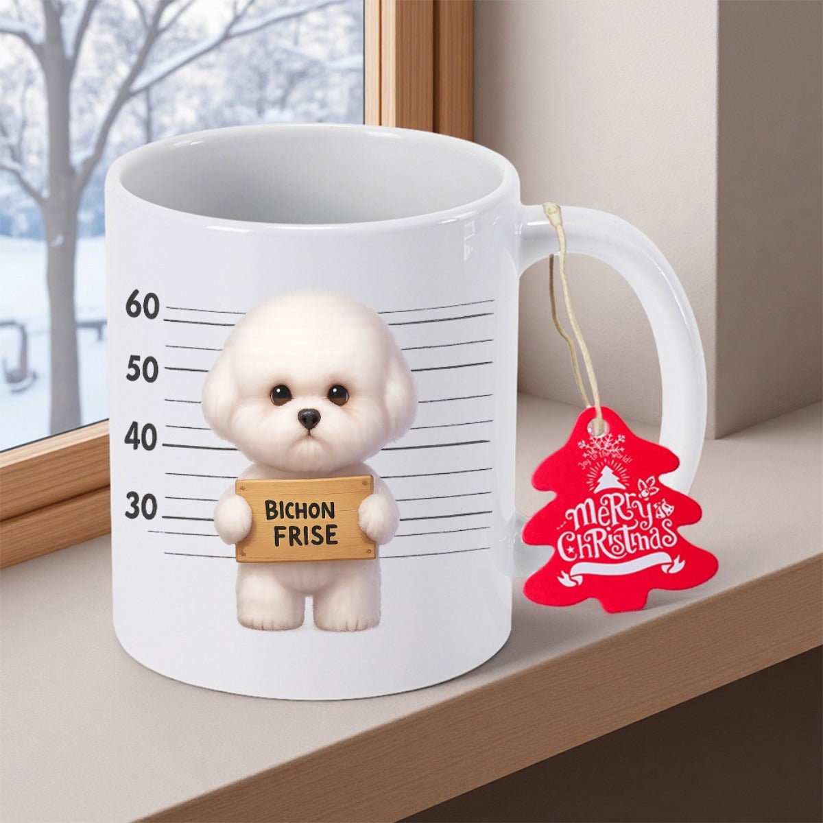 Tailorly White Ceramic 11 oz Mug - Bichon Frise Cute White Fluffy Puppy Holding A Board In A Mugshot Scene Dog
