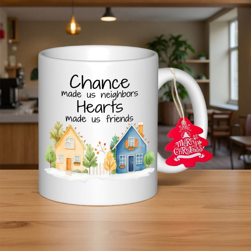 Tailorly White Ceramic 11 oz Mug - Chance Made Us Neighbors Hearts Made Us Friends Two Small Colorful Watercolor Cottages Nestled Among Green And Golden Trees