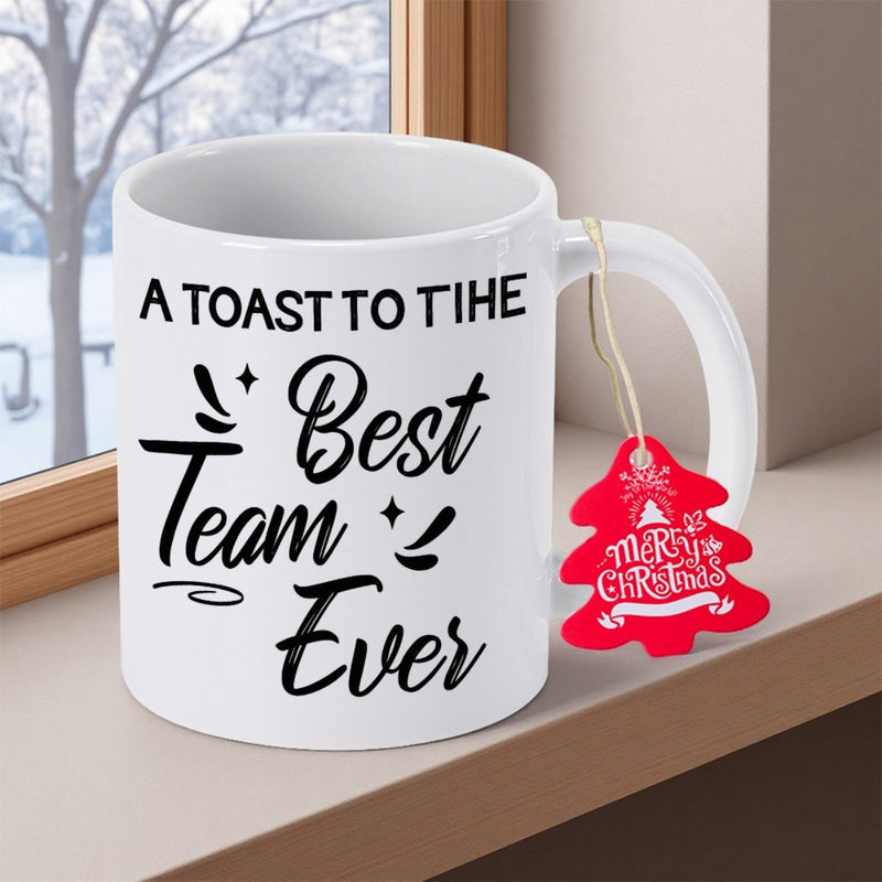Tailorly White Ceramic 11 oz Mug - A Toast To The Best Team Ever Minimalist Black Lettering Surrounded By Twinkling Stars And Artistic Swirls Typography