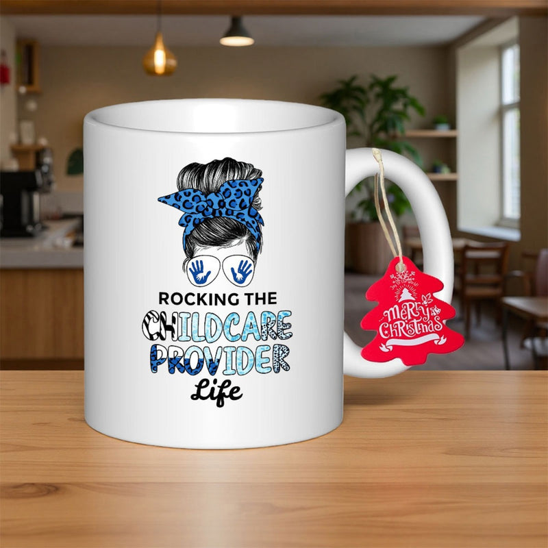 Tailorly White Ceramic 11 oz Mug - Rocking The Childcare Provider Life Stylish Messy Bun With Blue Leopard Headband And Sunglasses Woman