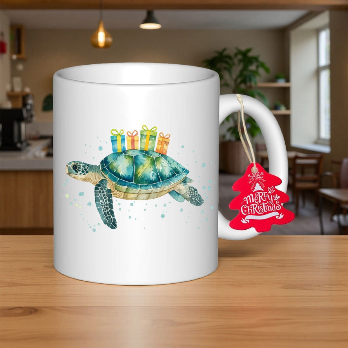 Tailorly White Ceramic 11 oz Mug - Merry Christmas Watercolor Sea Turtle Carrying Colorful Wrapped Gift Boxes On Its Back Turtle