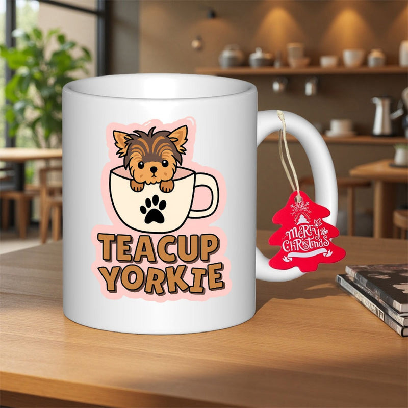 Tailorly White Ceramic 11 oz Mug - Teacup Yorkie Adorable Tiny Puppy Inside Creamy Coffee Cup With Paw Print Yorkie