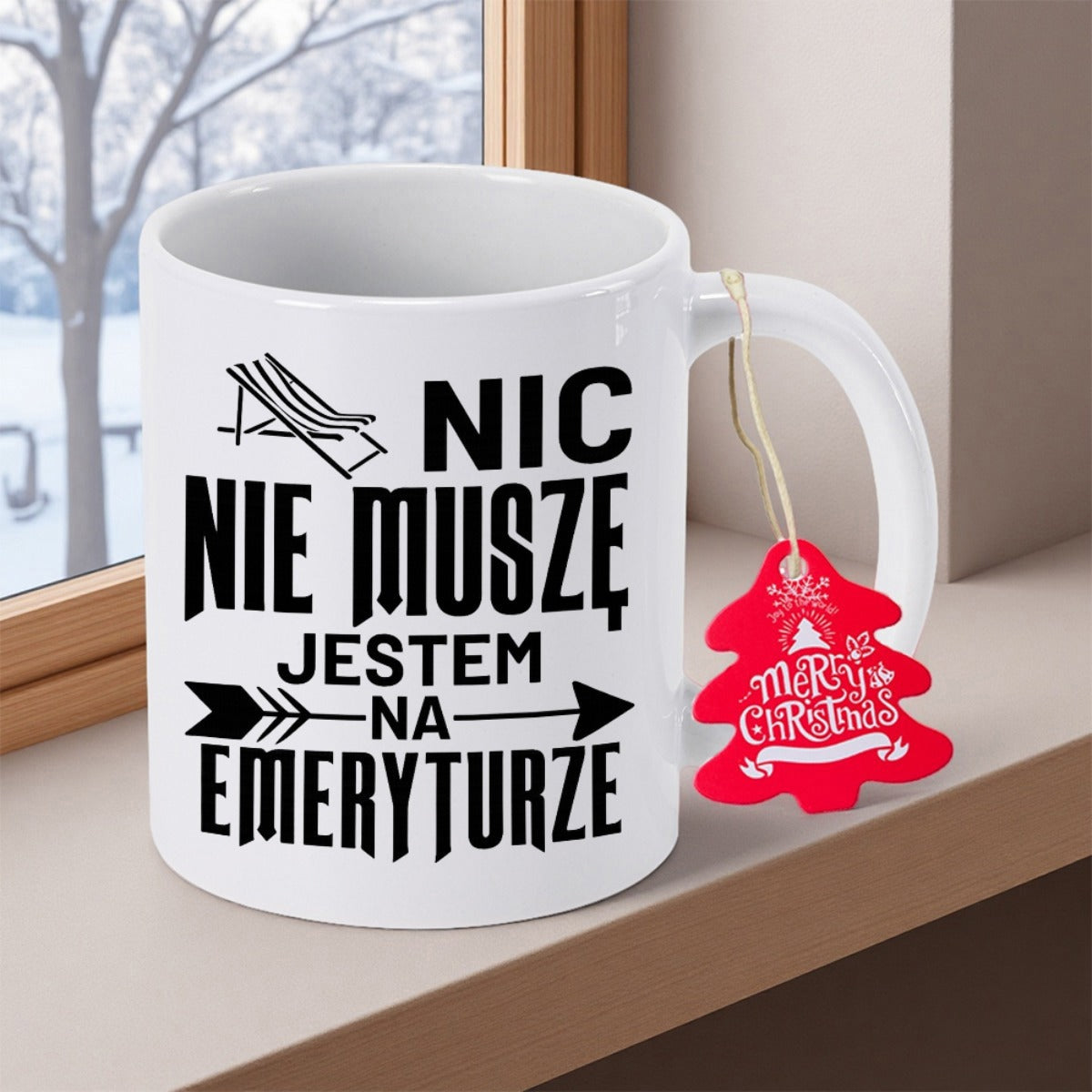 Tailorly White Ceramic 11 oz Mug - Merry Christmas Simple Black Line Art Depicting A Comfortable Relaxing Beach Deck Chair