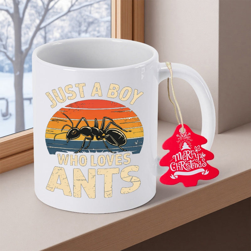 Tailorly White Ceramic 11 oz Mug - Just A Boy Who Loves Ants Detailed Silhouette Standing Against Retro Sunset Colors With Textured Finish Ant