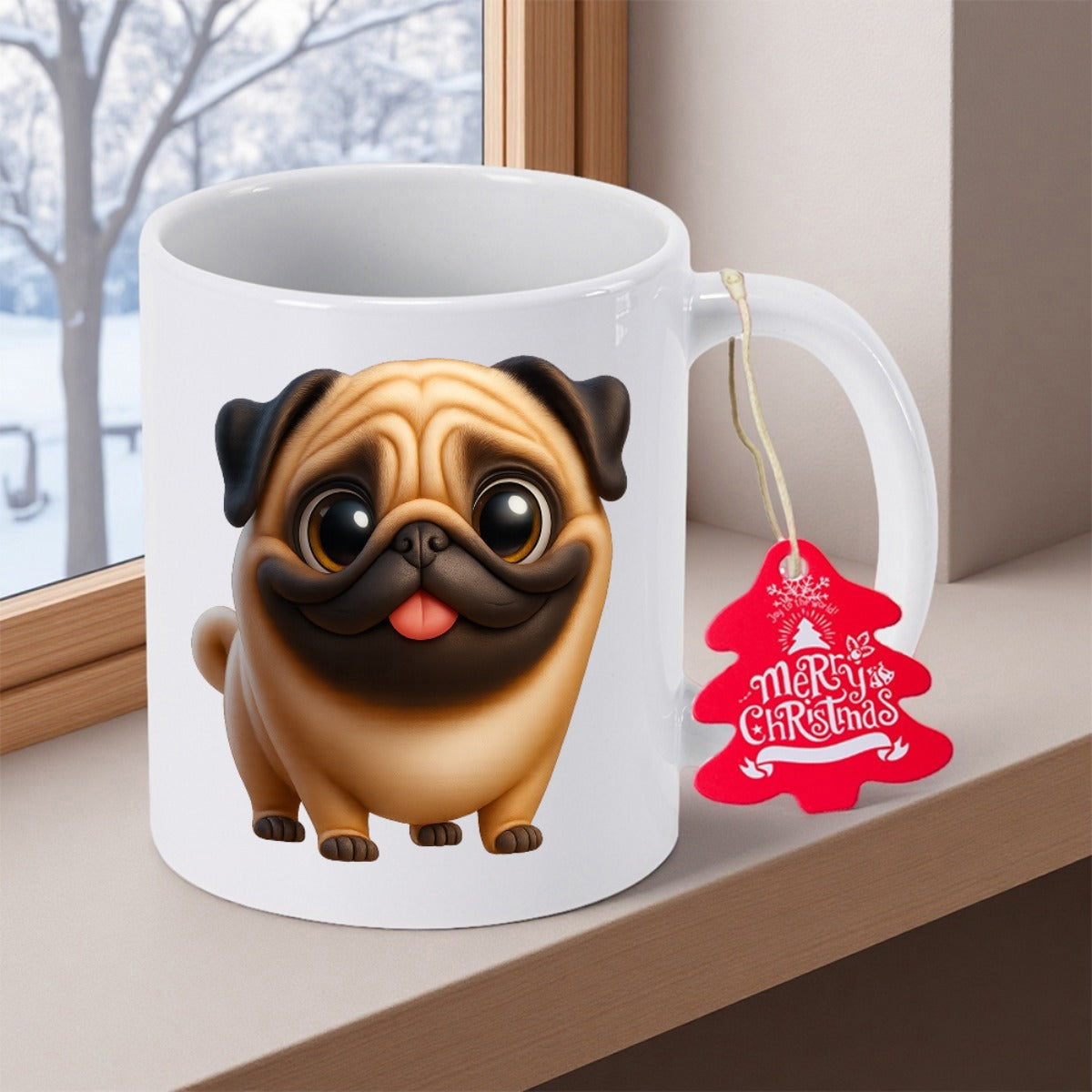 Tailorly White Ceramic 11 oz Mug - Merry Christmas Adorable Smiling Cartoon Puppy Standing On A Smooth Clean White Surface Pug
