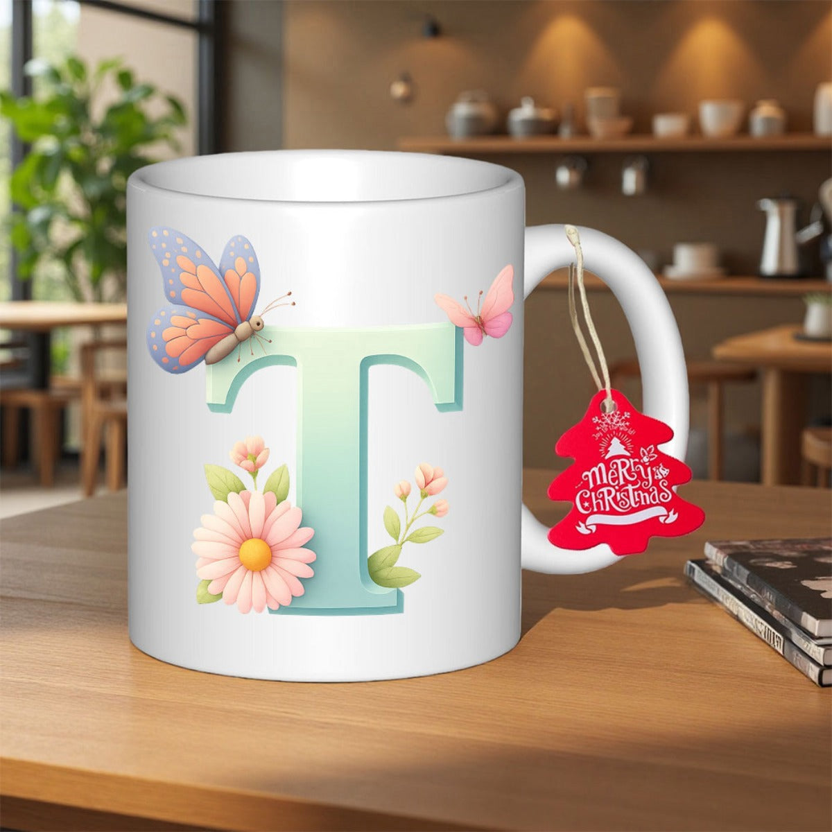 Tailorly White Ceramic 11 oz Mug - T Beautiful Pink Daisy With Orange Butterfly Fluttering Near Green Letter