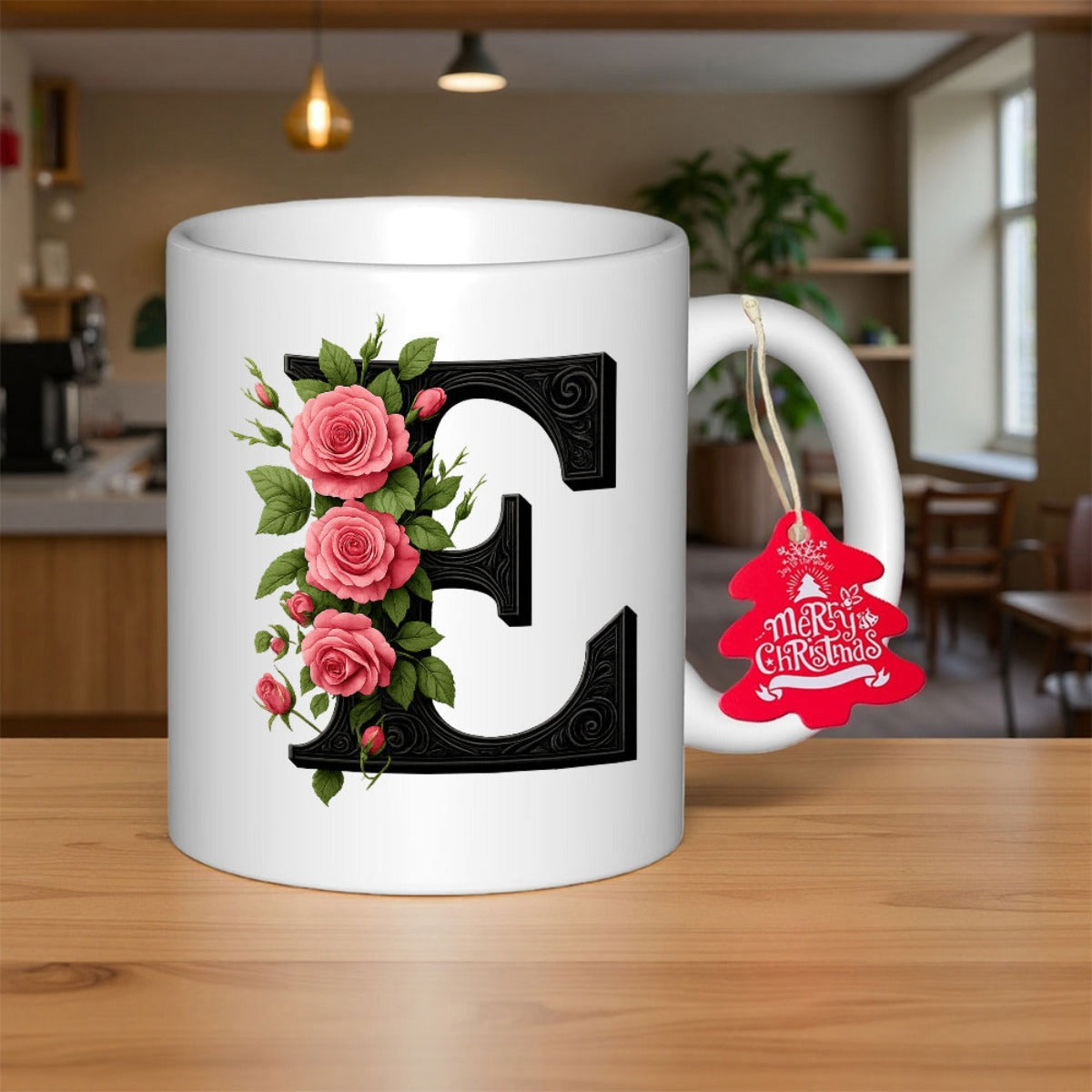 Tailorly White Ceramic 11 oz Mug - E Merry Christmas Elegant Pink Blooming Roses Entwined With Ornate Vintage Black Serif Letter Rose
