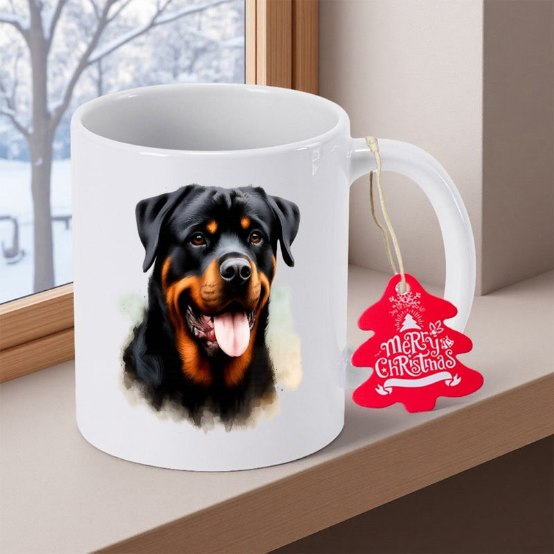 Tailorly White Ceramic 11 oz Mug - Loyal Guard Dog Realistic Portrait With Friendly Expression Rottweiler