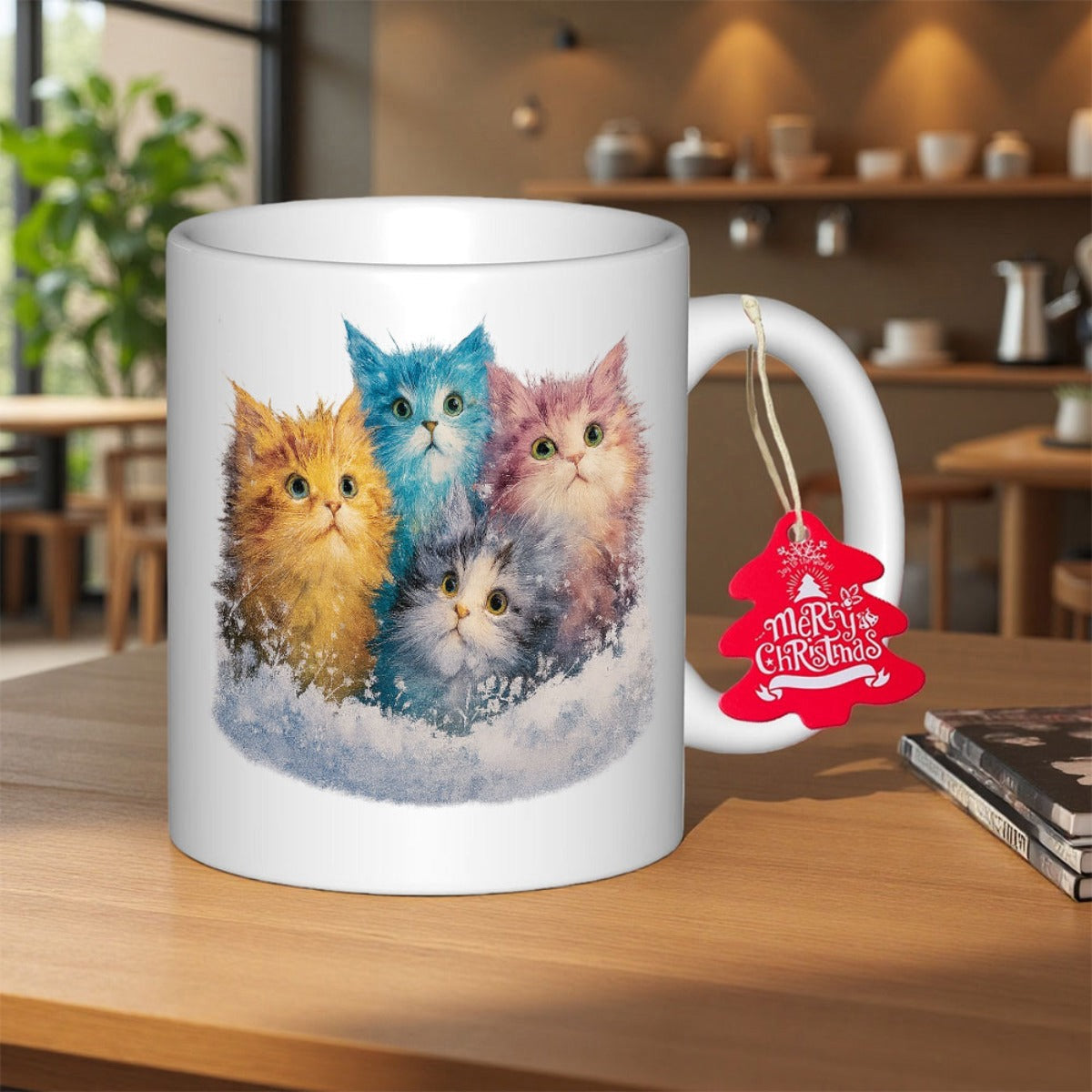Tailorly White Ceramic 11 oz Mug - Merry Christmas Adorably Fluffy Colorful Kittens Huddled Together In Soft Winter Snow Cat