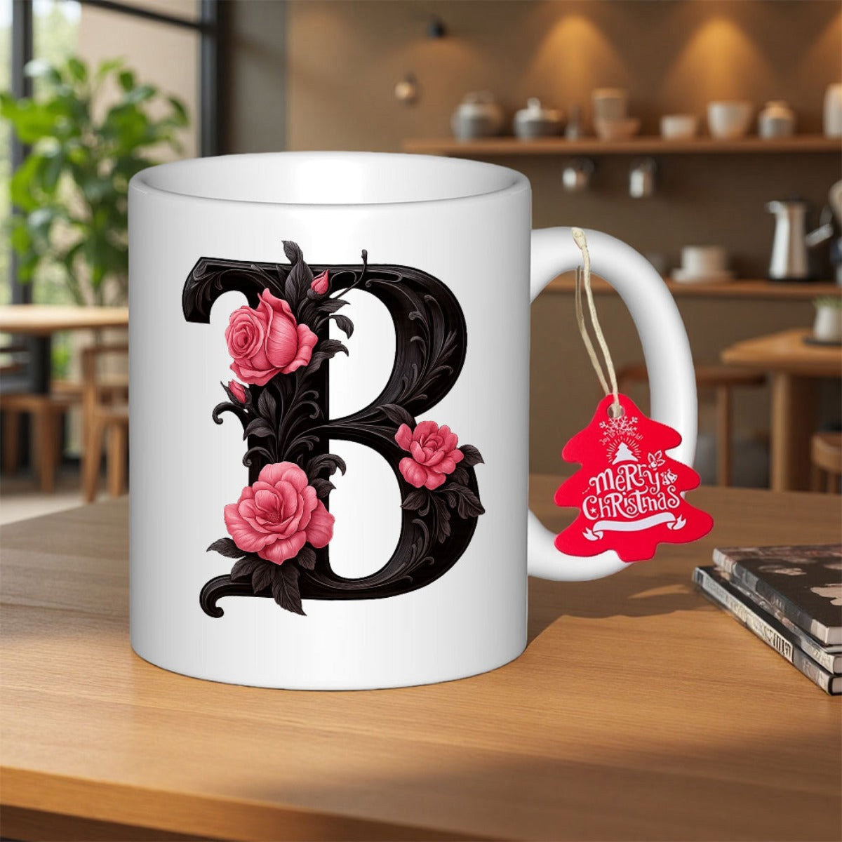 Tailorly White Ceramic 11 oz Mug - B Merry Christmas Elegant Black Alphabet Symbol Decorated With Blooming Pink Garden Roses Letter