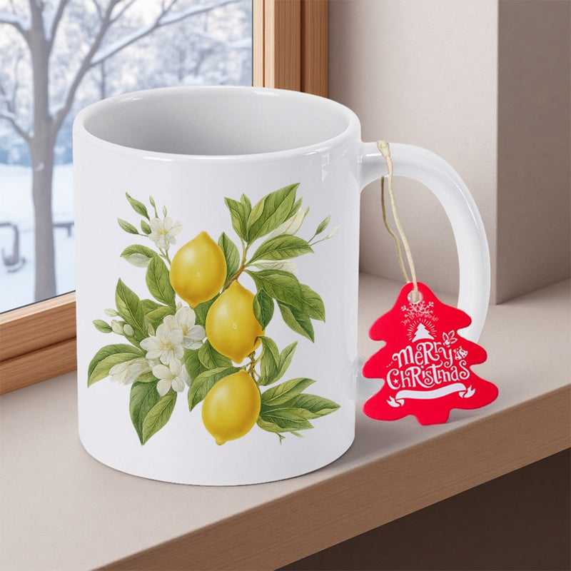 Tailorly White Ceramic 11 oz Mug - Merry Christmas Sun Ripened Yellow Fruit Among Lush Green Leaves And Delicate Blossoms Lemon