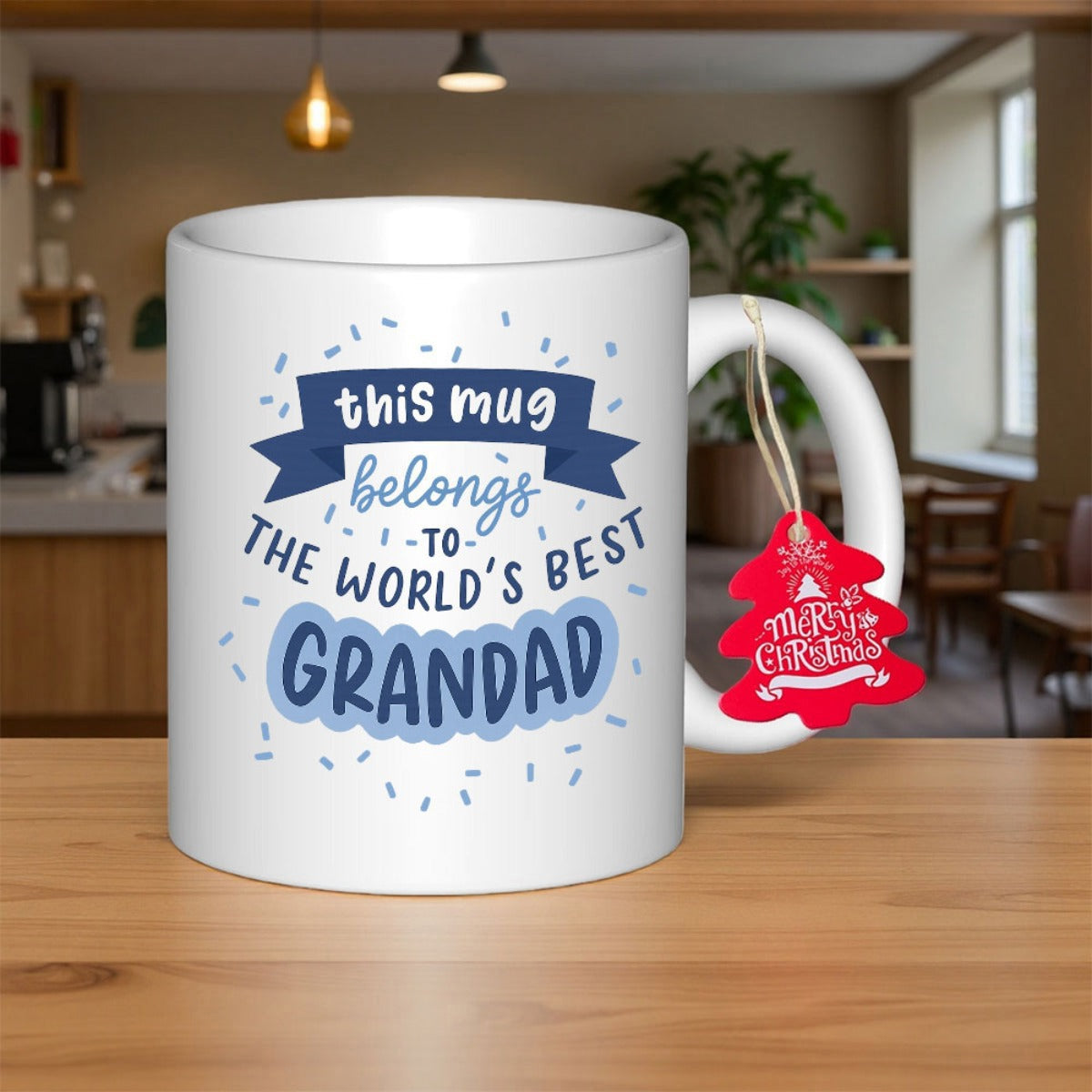 Tailorly White Ceramic 11 oz Mug - This Mug Belongs To The Worlds Best Grandad Festive Blue Banner Surrounded By Blue Confetti On A Simple