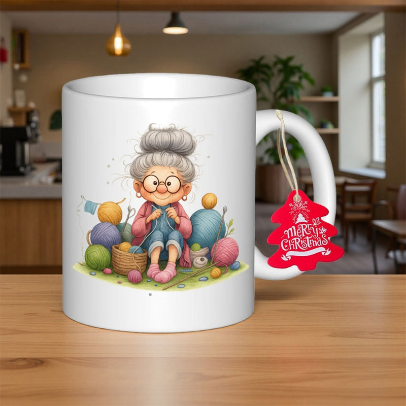 Tailorly White Ceramic 11 oz Mug - Adorable Elderly Woman Knitting Surrounded By Vibrant Soft Colorful Wool Balls Grandmother