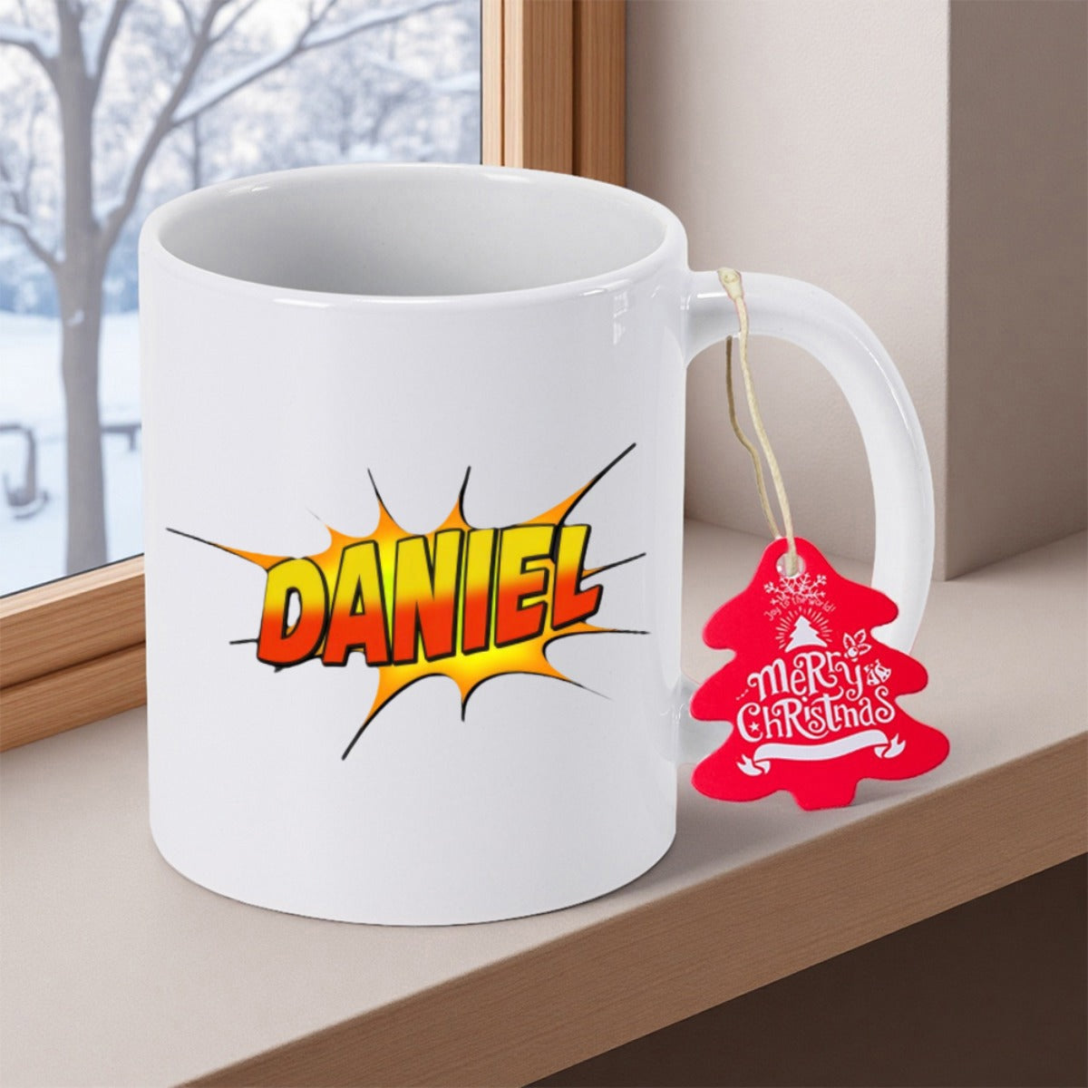 Tailorly White Ceramic 11 oz Mug - Daniel Bold Stylized Pop Art Explosion With Radiant Yellow Orange Gradient Effects Mug