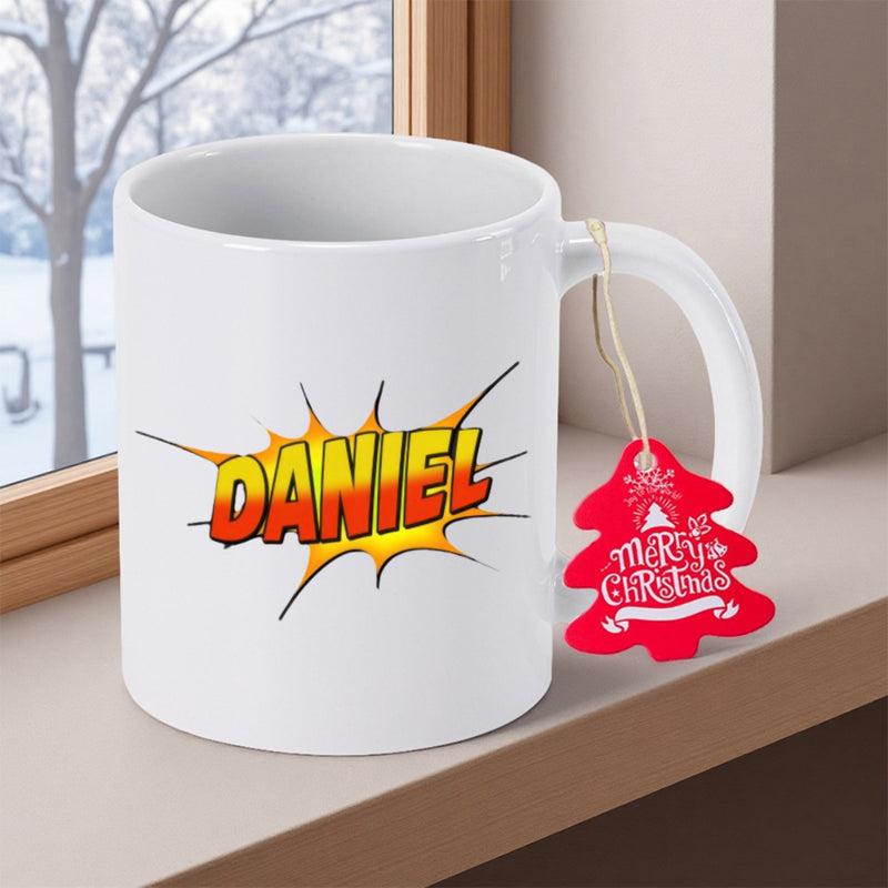 Tailorly White Ceramic 11 oz Mug - Daniel Bold Stylized Pop Art Explosion With Radiant Yellow Orange Gradient Effects Mug