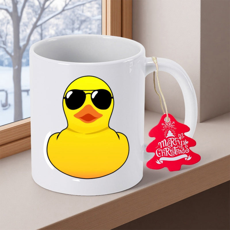 Tailorly White Ceramic 11 oz Mug - Cool Bright Yellow Wearing Dark Stylish Black Sunglasses Duck