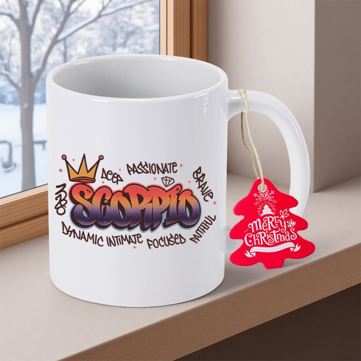 Tailorly White Ceramic 11 oz Mug - Scorpio Deep Passionate Brave Faithful Focused Intimate Dynamic Proud Colorful Graffiti Lettering Surrounded By Positive