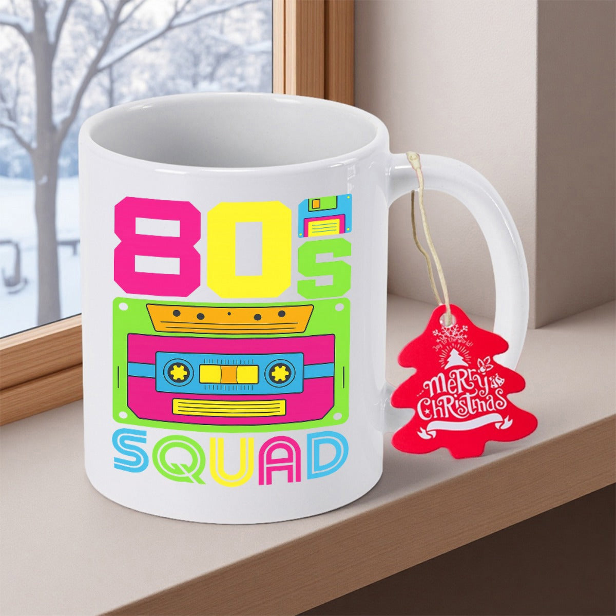 Tailorly White Ceramic 11 oz Mug - 80s Squad Vibrant Retro Neon Colors Featuring Floppy Disk And Vintage Music Tape Cassette