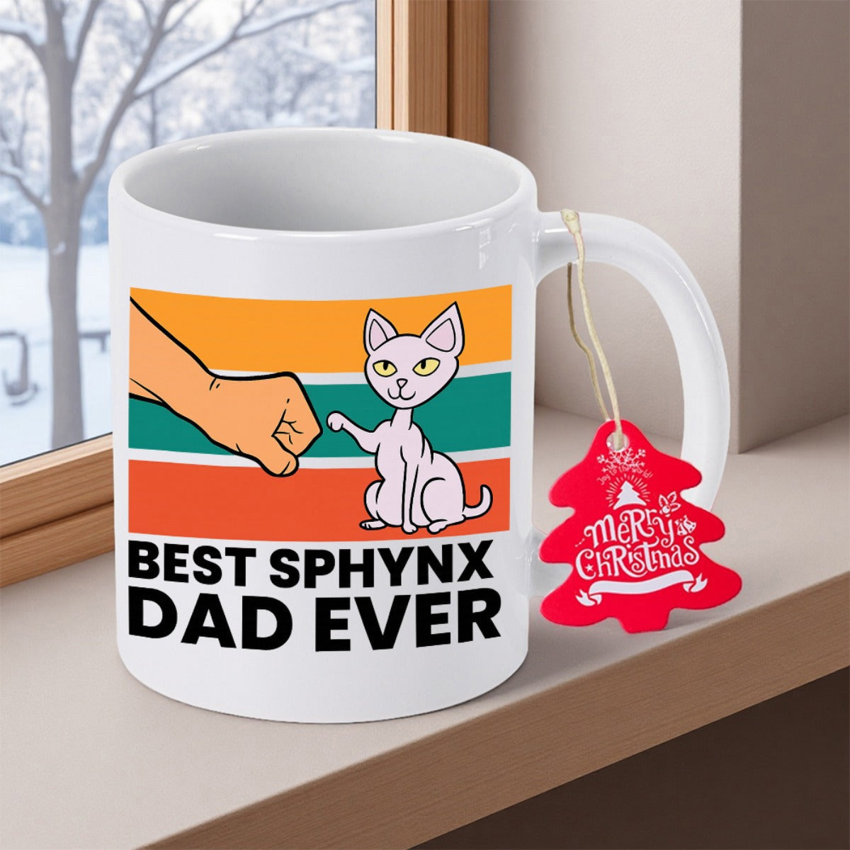 Tailorly White Ceramic 11 oz Mug - Best Sphynx Dad Ever Retro Striped Sunset Background With Human Fist Bumping Cartoon Cat