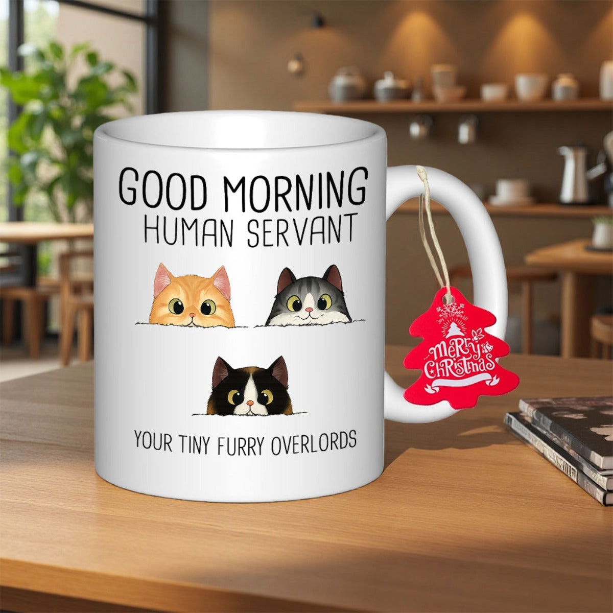 Tailorly White Ceramic 11 oz Mug - Good Morning Human Servant Your Tiny Furry Overlords Three Adorable Cartoon Kittens Peeking Over A Minimalist Edge Line Cat