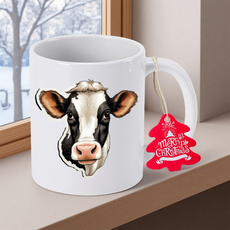 Tailorly White Ceramic 11 oz Mug - Merry Christmas Realistic Black And White Spotted Holstein Farm Animal Head Facing Forward Cow