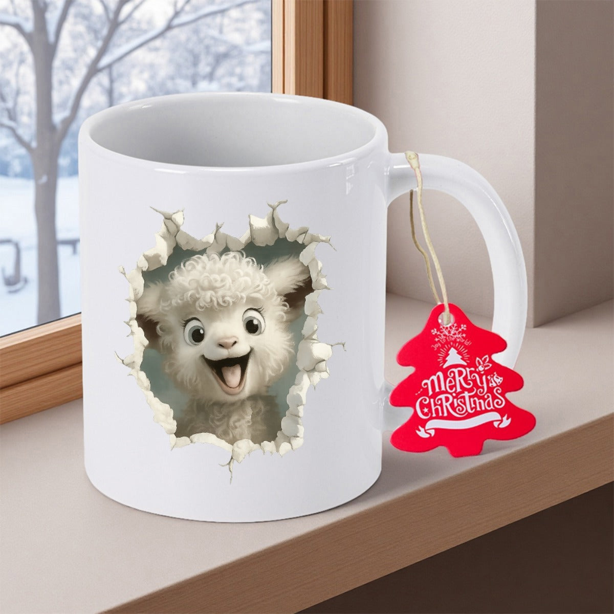 Tailorly White Ceramic 11 oz Mug - Merry Christmas Fluffy White Baby Peeking Through A Three Dimensional Cracked Stone Wall Lamb