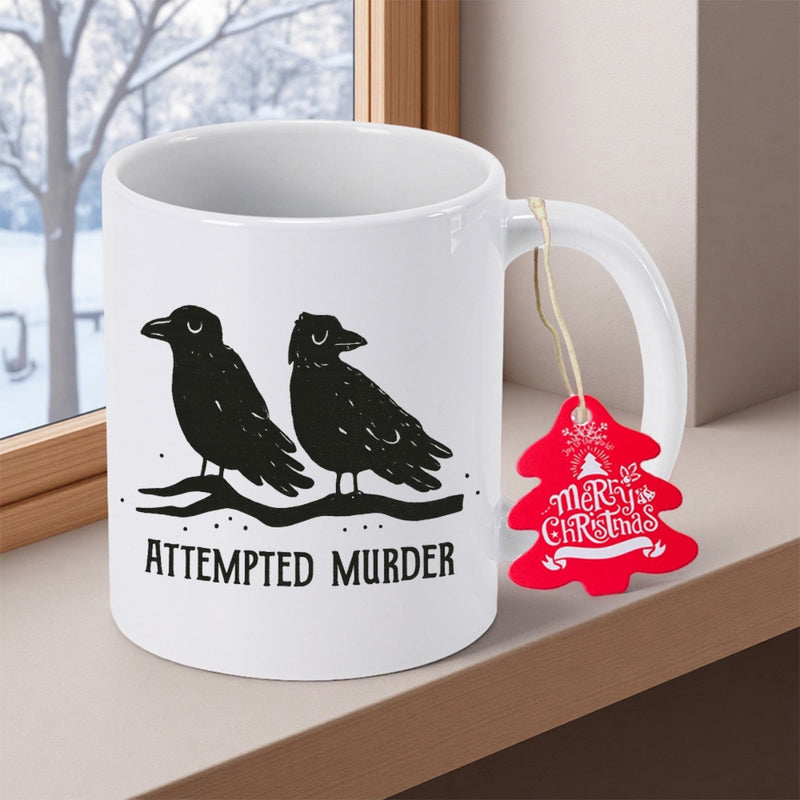 Tailorly White Ceramic 11 oz Mug - Attempted Murder Two Hand Drawn Stylized Black Crows Perched Upon A Branch Crow