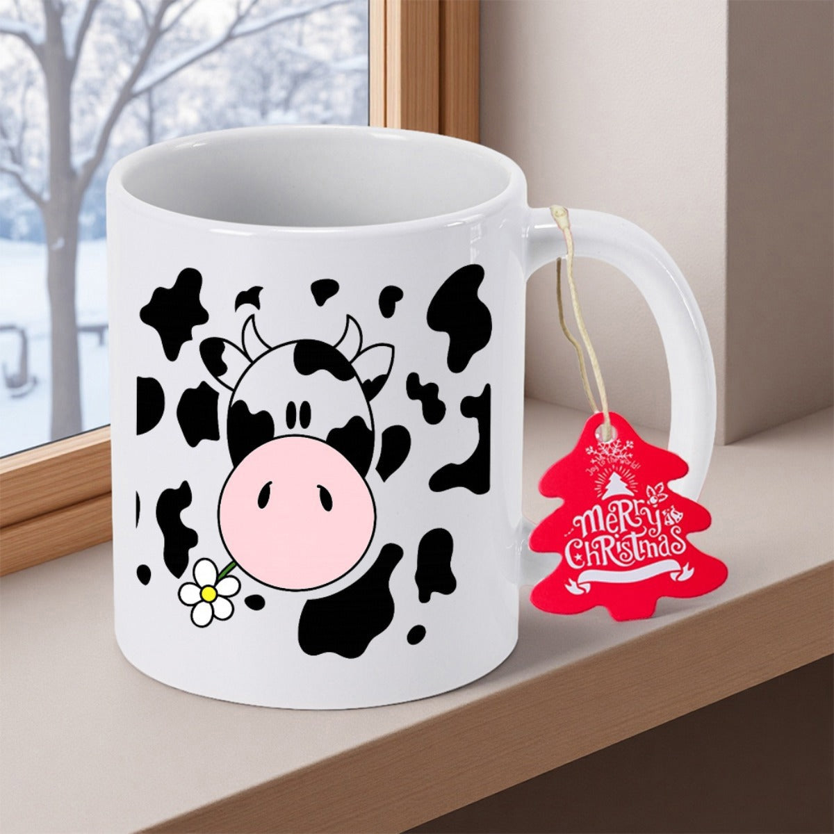 Tailorly White Ceramic 11 oz Mug - Merry Christmas Adorable Spotted Face With Pink Snout Holding A Little Flower Cow