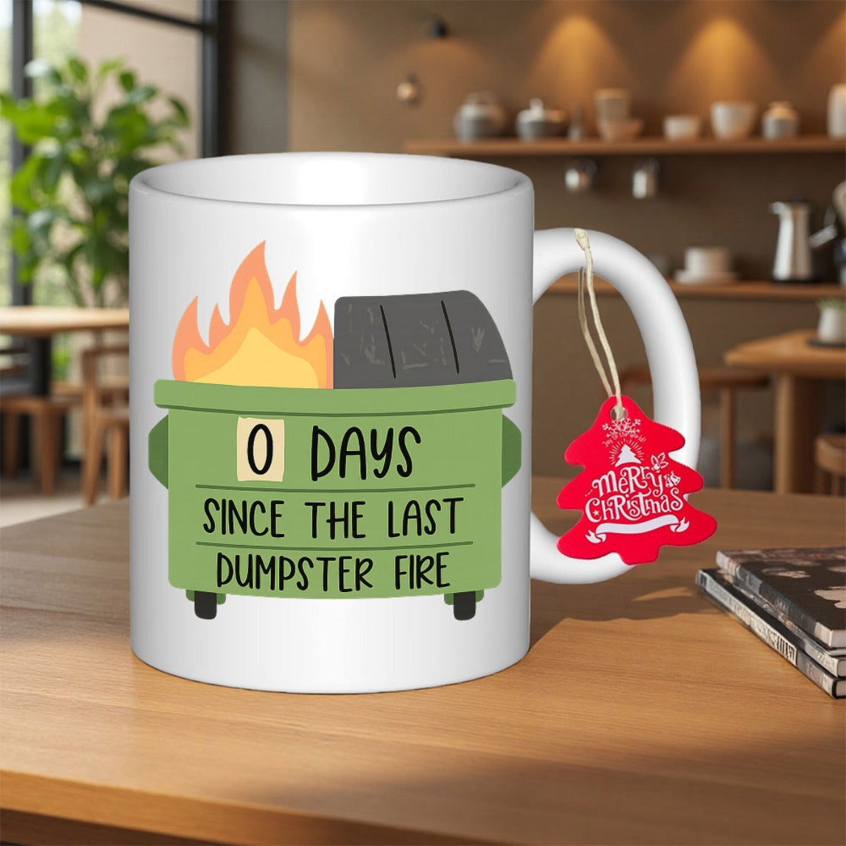 Tailorly White Ceramic 11 oz Mug - 0 Days Since The Last Dumpster Fire Flaming Green Waste Container With Vibrant Burning Fire Dumpster