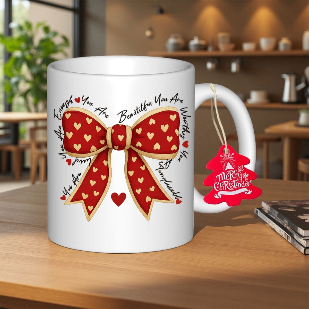 Tailorly White Ceramic 11 oz Mug - You Are Enough You Are Beautiful You Are Worthy You Are Irreplaceable You Are Love Classic Red Ribbon Patterned With Golden