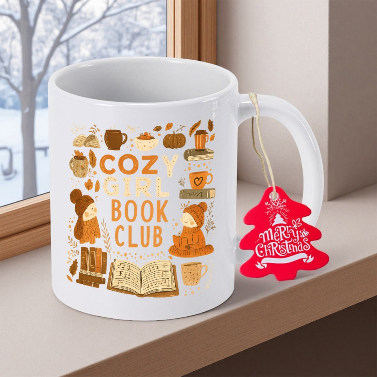 Tailorly White Ceramic 11 oz Mug - Cozy Girl Book Club Merry Christmas Whimsical Hand Drawn Autumnal Elements Featuring Books And Reading Atmosphere Illustration