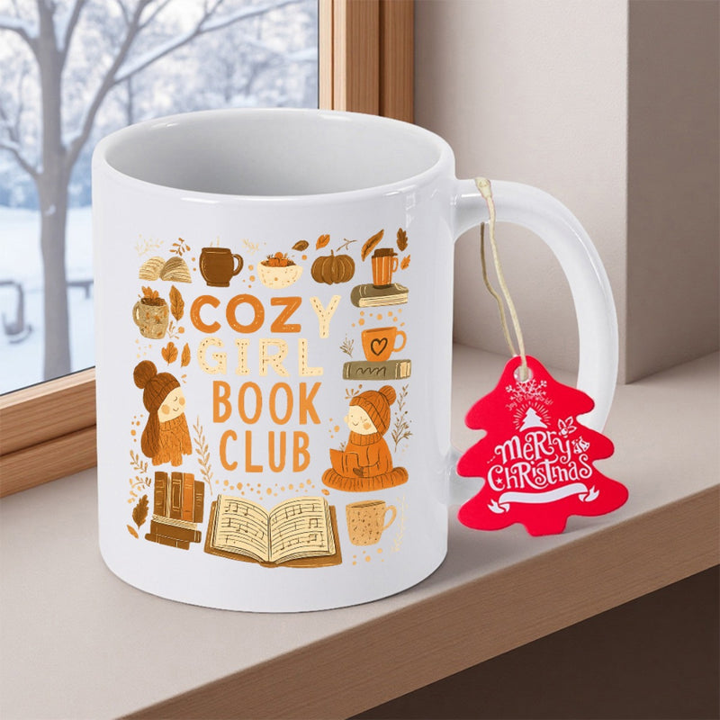 Tailorly White Ceramic 11 oz Mug - Cozy Girl Book Club Merry Christmas Whimsical Hand Drawn Autumnal Elements Featuring Books And Reading Atmosphere Illustration