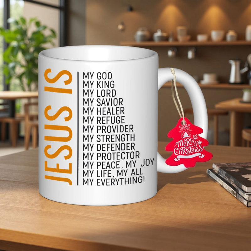 Tailorly White Ceramic 11 oz Mug - Jesus Is My Everything Minimalist Vertical Orange Lettering With Religious Script Quotes Mug