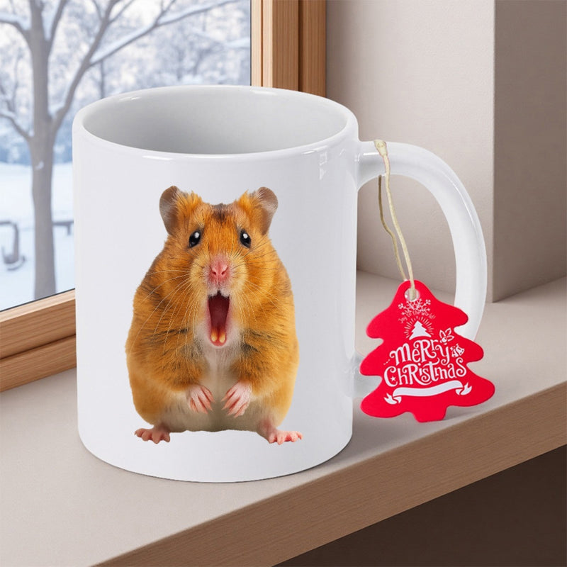 Tailorly White Ceramic 11 oz Mug - Merry Christmas Cute Small Golden Pet With A Funny Shocked Facial Expression Hamster