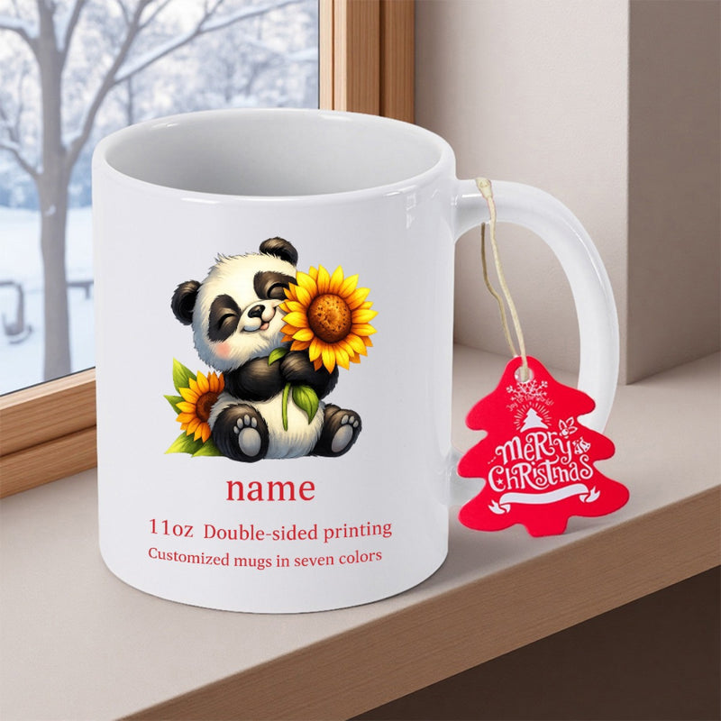 Tailorly White Ceramic 11 oz Mug - Merry Christmas Sweet Baby Panda Sitting Peacefully Embracing A Large Vibrant Yellow Sunflower Panda