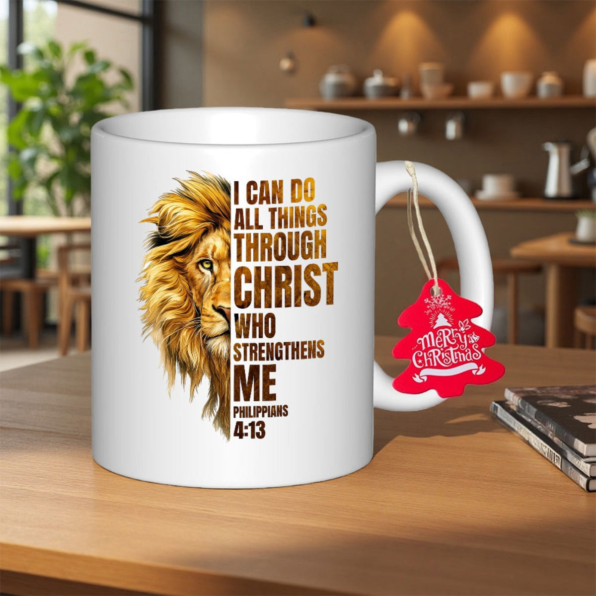 Tailorly White Ceramic 11 oz Mug - I Can Do All Things Through Christ Who Strengthens Me Philippians 4 13 Half Side Of A Majestic Golden Lion Face With Detailed