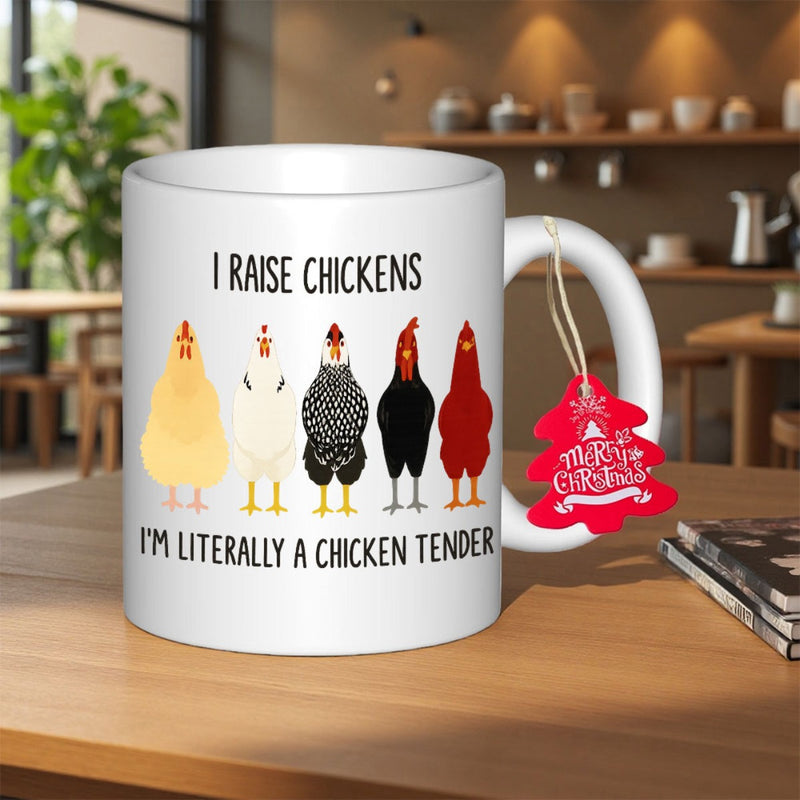 Tailorly White Ceramic 11 oz Mug - I Raise Chickens Im Literally A Chicken Tender Whimsical Minimalist Design Featuring Diverse Breeds Standing In A Row Chicken
