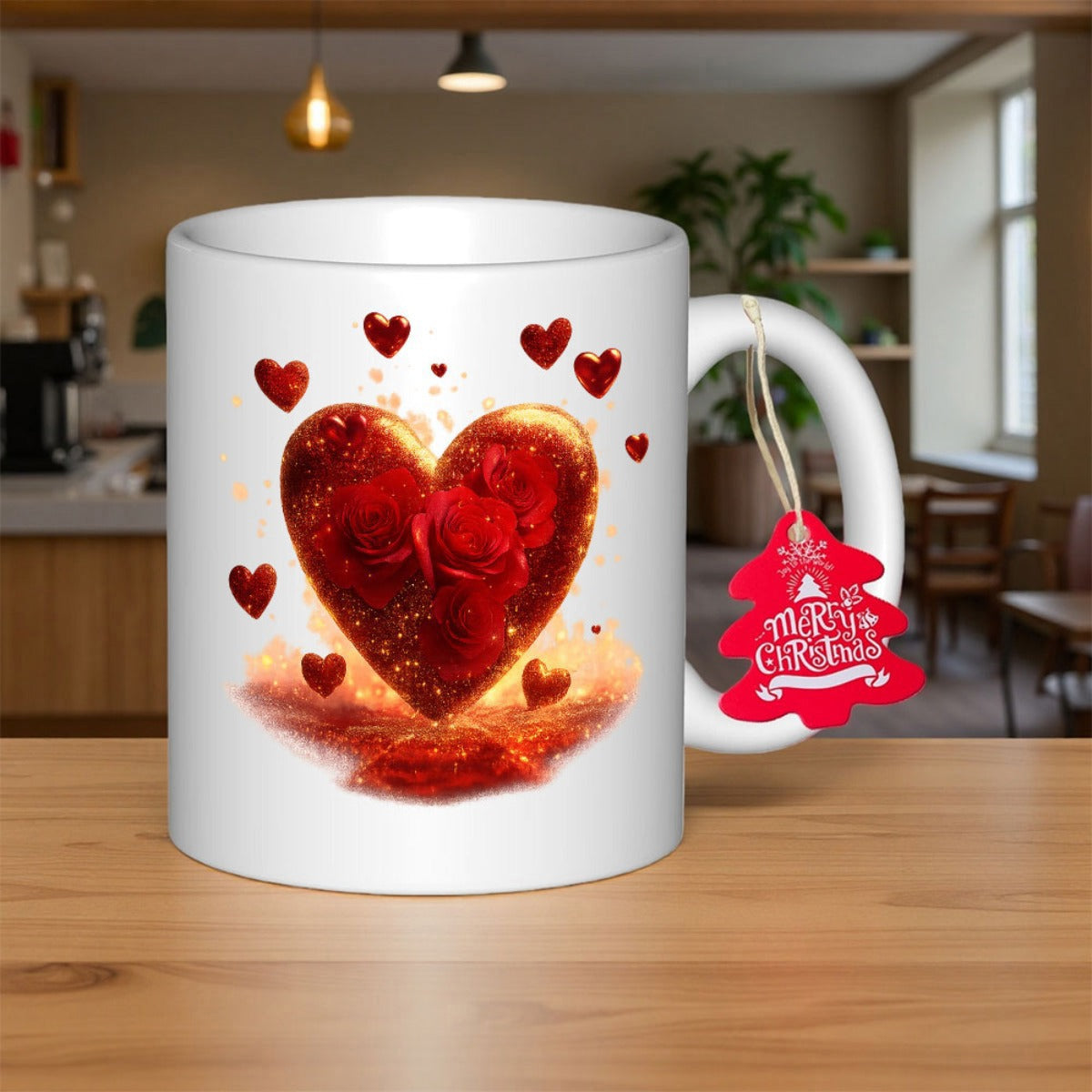 Tailorly White Ceramic 11 oz Mug - Merry Christmas Shining Golden Texture With Blooming Red Roses And Floating Small Heart